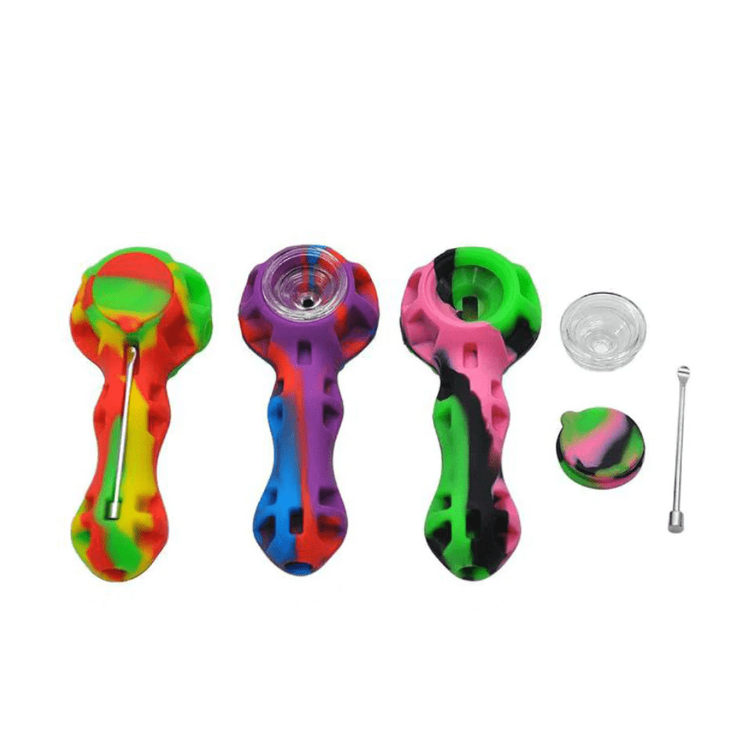 Retro Hand Pipes Rainbow Silicone Hand Pipe with Glass Bowl and Dab Tool Silicone Hand Pipe w/Glass Bowl & Dab Tool-Yorkton Vape SuperStore 